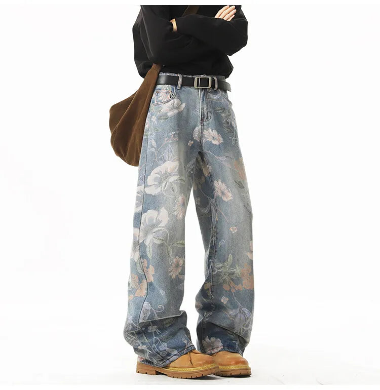 Printed denim jeans men American hip-hop High quality men women trendy retro floral print straight leg loose wide casual pants