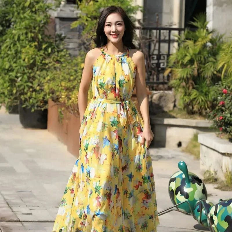 2023 New Floral Summer Sleevelss Suspender Maxi Dress for Women Sexy Backless Beach Purple Boho Robe Femme Sundress Dress Photo