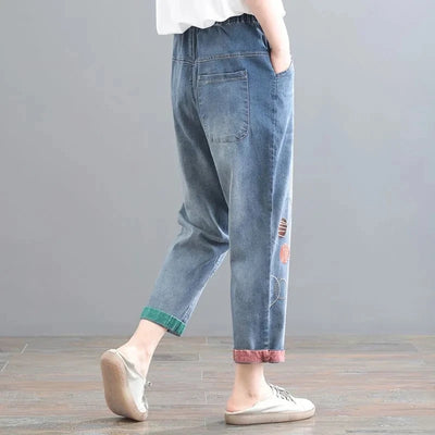 High waisted Jeans for women 2025 Spring Autumn New Korean version Loose Embroidered patch fabric Nine point Harem Pants Female