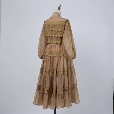 Luxury Long Dresses Women 2025 Spring Summer Embroidery Ruffle Lace Pearl Hollow Out Party Midi Dress Shirt Full Sleeve Vestidos