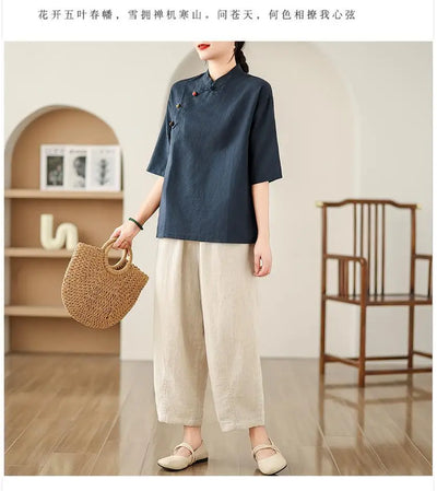 New Women's Retro Cotton Linen Short-sleeved Shirt with Diagonal Placket and Stand-up Collar Tea Top