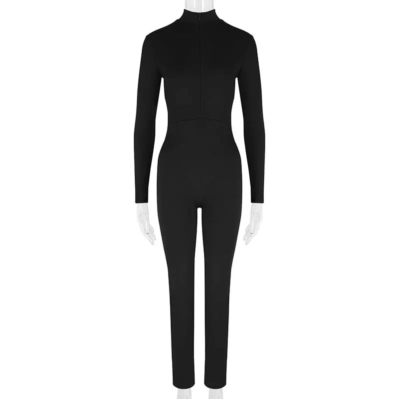 Women New Jumpsuits Spring Fashion Streetwear Long Sleeves Half High Collar Zippers Bodycon Rompers Black Sexy Female Jumpsuits
