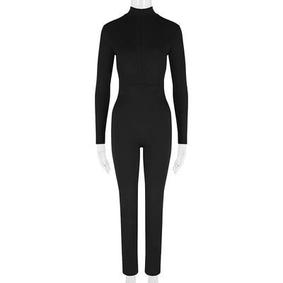 Women New Jumpsuits Spring Fashion Streetwear Long Sleeves Half High Collar Zippers Bodycon Rompers Black Sexy Female Jumpsuits