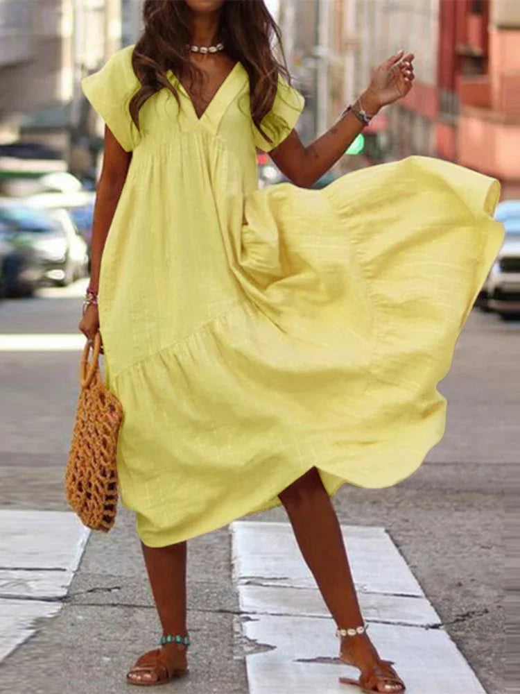 Bohemian Summer Dress for Women V Neck Vestidos Ladies Streetwear Solid Ruffle Dresses Asymmetrical Loose Robe Women Clothing