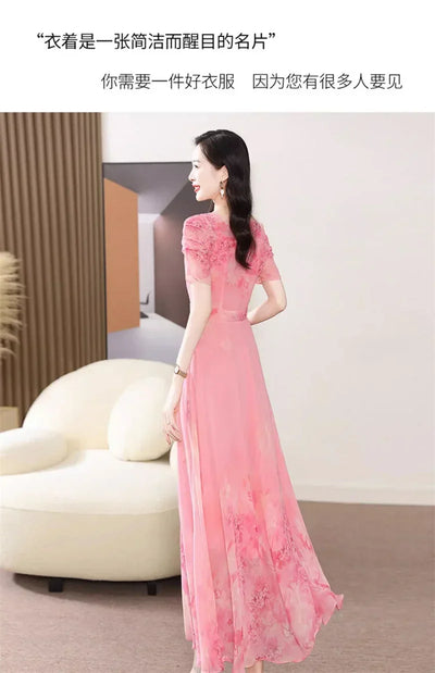 Women's Summer Dress 2025 New Fashion Printed Pink Chiffon Dress O-neck Short Sleeved Long Party Dresses Elegant Women Vestidos