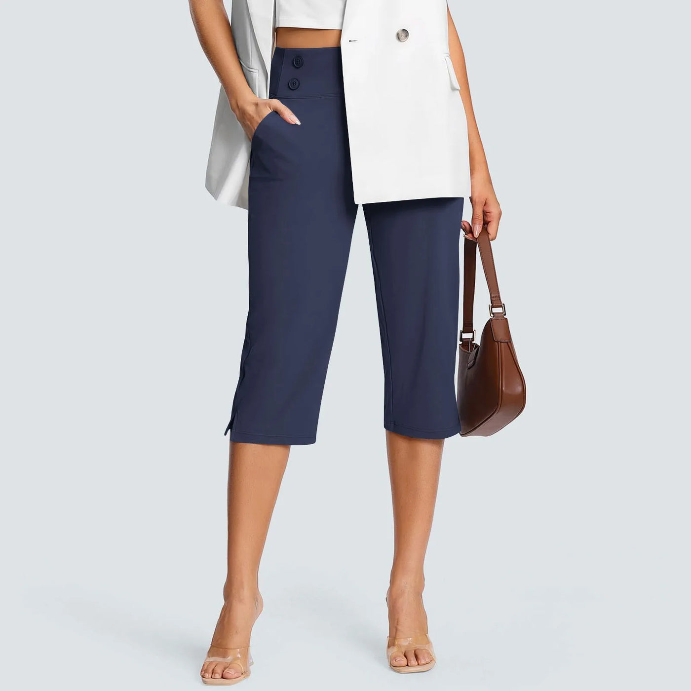 Women Elastic High Waist 3/4 Pant Casual Active Fit Wide Capris Leg Pants Trousers With Pockets Pants Woman брюки женские