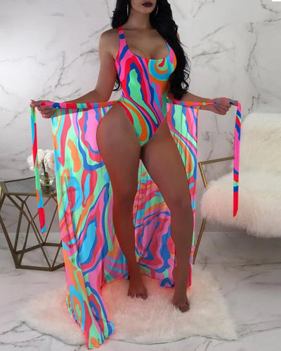 2024 New Summer Bikinis Set Sexy Backless Print Bikinis 3 Piece Set Women Smock Split Swimsuit High Waist Vacation Beach Bikinis