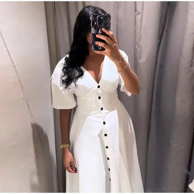 Women's Dress 2025 Summer Autumn New White Short Sleeve Buttons V Neck Midi Dress Casual Fashion Personality Versatile Vestidos