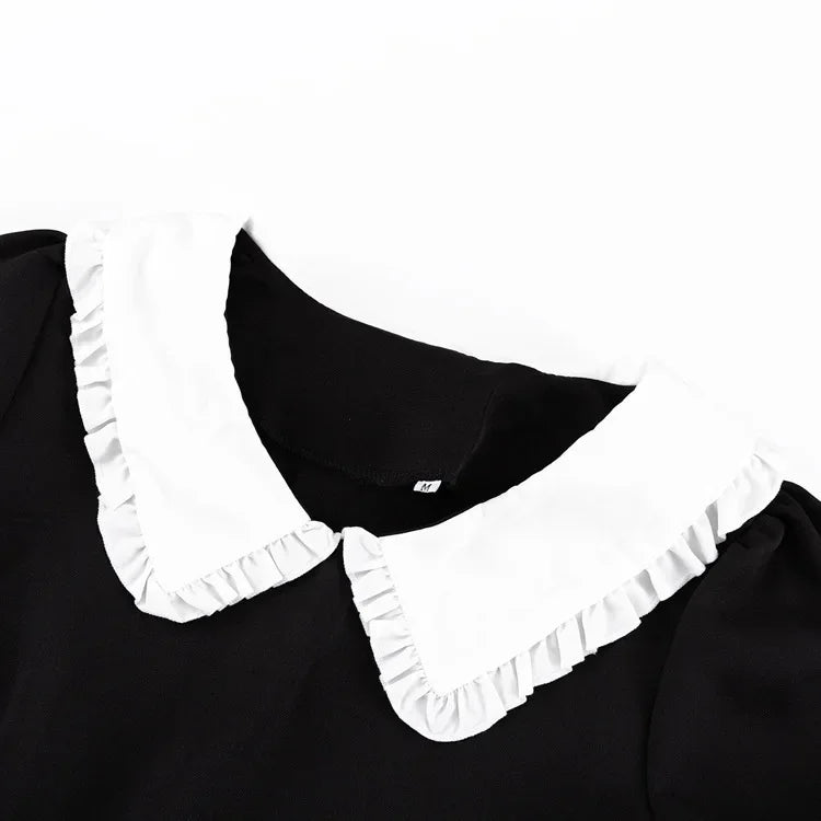 Doll Collar Casual Sheath Dresses for Women Autumn Long Sleeve Pullover Black and White Bodycon Knee Length Femme Fashion Dress