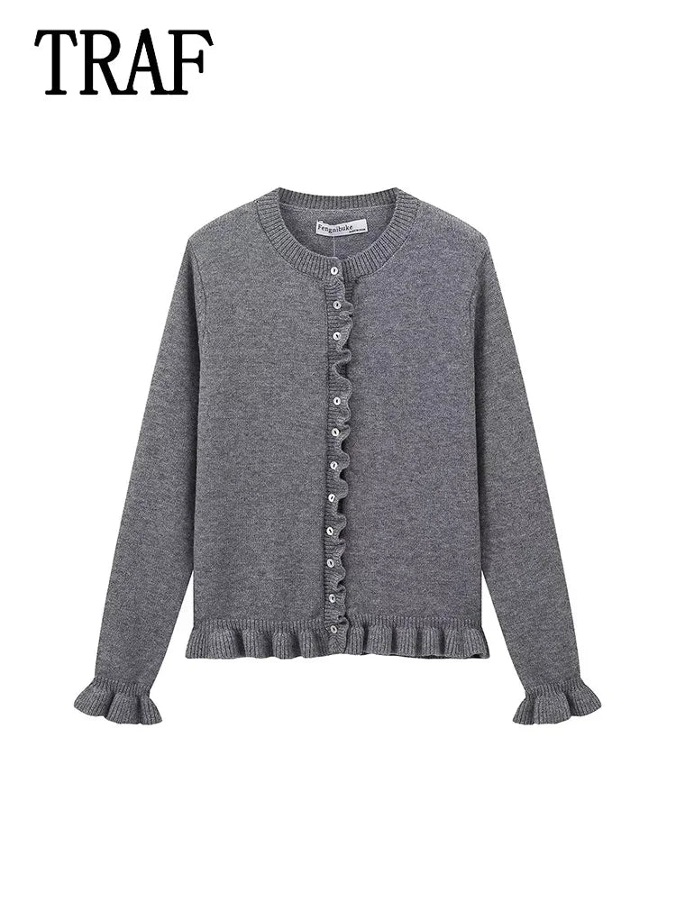 Women Ruffle Gray Knitted Cardigan Outerwears New Autumn Women Long Sleeve Sweater Elegant Button-Down Cardigan