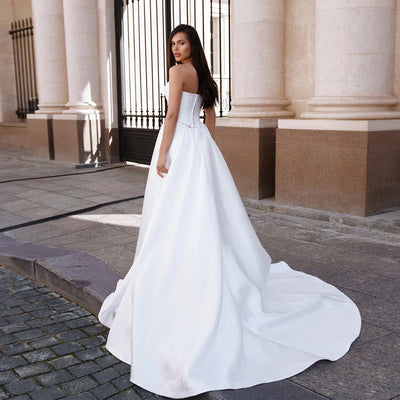 Strapless Ivory Wedding Dresses Sleeveless Bridal Gowns Sweep Train Exquisite Side Side New Vestido De Novia Satin Robe De 2025