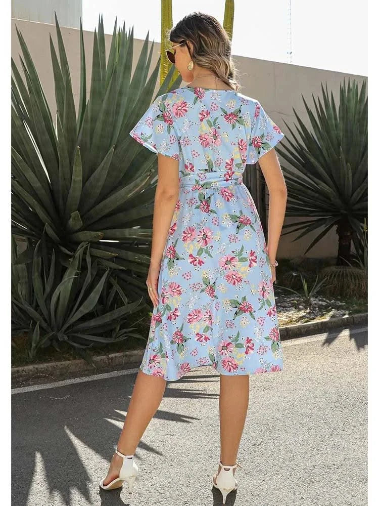 Floral Print Midi Dress Women Robe Elegant Chic