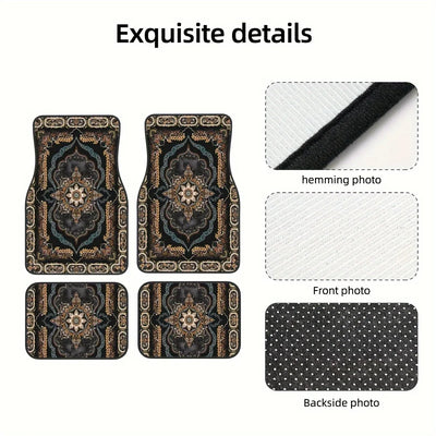 4 Pcs Car Floor Mats Bohemian Pattern European Ethnic Auto Rubber Carpet Universal Interior Accessories for Front and Rear Seats