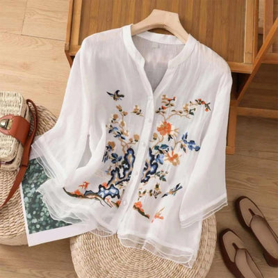 3/4 Sleeve Cotton Linen Shirts For Women 2025 Summer Boho Retro Embroidered Tops Dressy Casual Trendy Vacation Blouse Y2K Tops