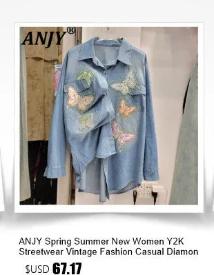 ANJY Autumn New Women Chic Two-Piece Set Studded Diamonds Streetwear Denim Shirt Drawstring Straight Elegant Casual Pants  A9654