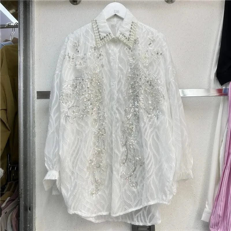 WTHT New Trendy Women's Sequins Diamonds Bows Lace Shirt 2025 Spring Fashion Lapel Long Sleeves Loose Blouse Female 1LS740