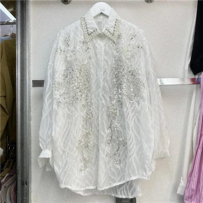 WTHT New Trendy Women's Sequins Diamonds Bows Lace Shirt 2025 Spring Fashion Lapel Long Sleeves Loose Blouse Female 1LS740