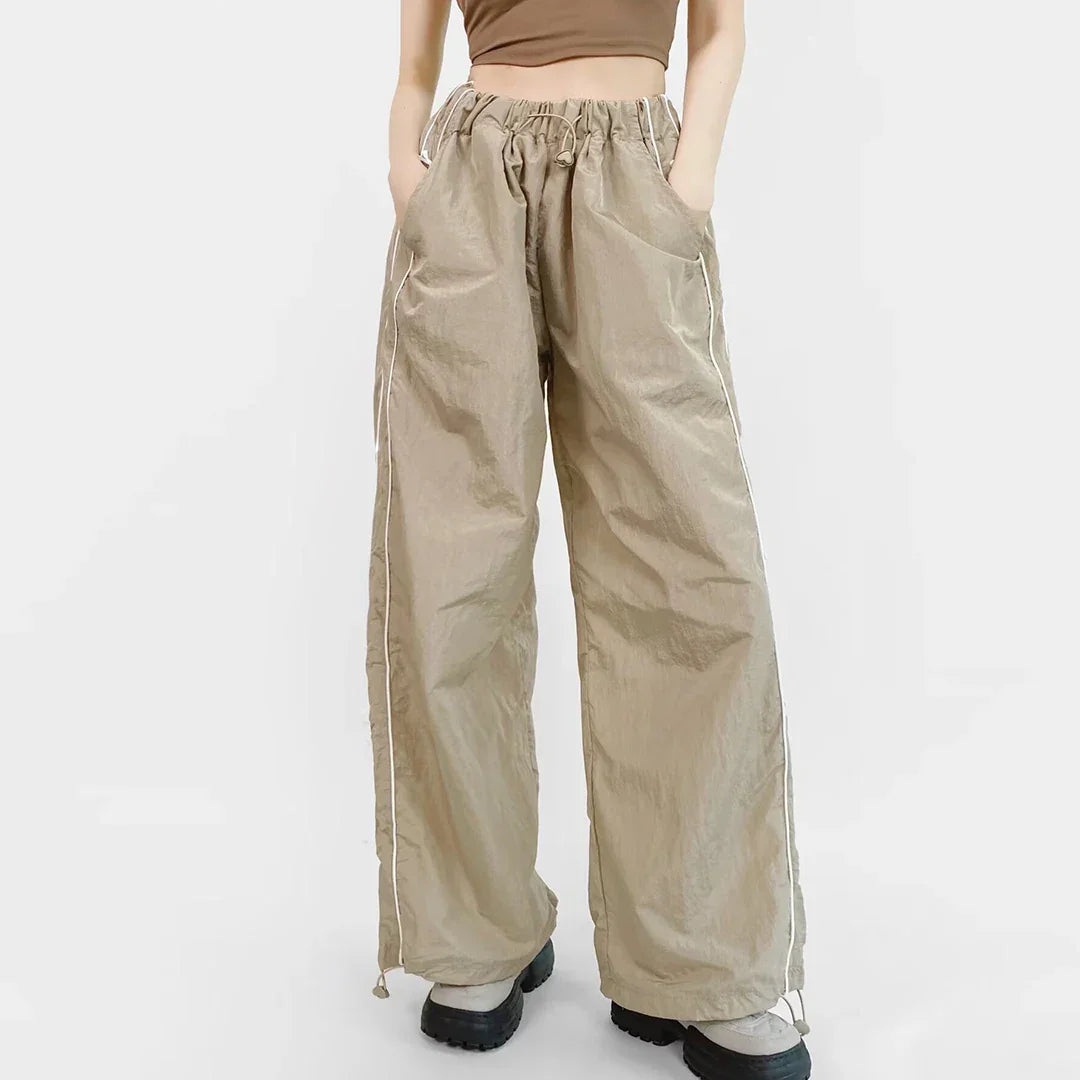 Women's Wide-Leg Joggers Adjustable Ankle Cuffs Side Stripes Drawstring Waist Lightweight Streetwear