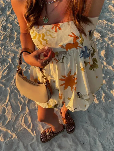 ZBZA Women's Suspender Print Dress Straight Neckline Spaghetti Straight Straps Zip Beach Mini Skirt Summer New Female Chic Dress