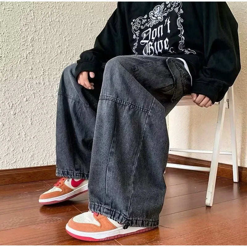 Denim Trousers For Men Adjustable Drawstring Y2k Versatile Baggy Cargo Jeans Men's Hippie Jogging Wide leg Pants Male Streetwear