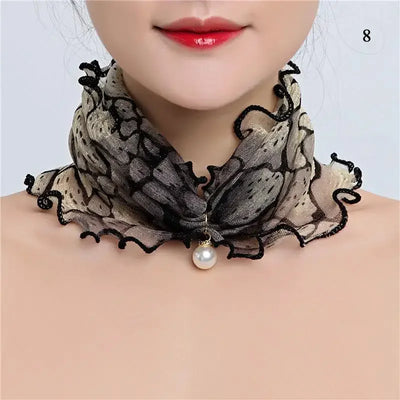 Women Ruffle Lace Scarf Pearl Pendant Chiffon Scarves Shiny Headscarf Thin High Elasticity Neck Wrap Organza Neck Collar Scarf