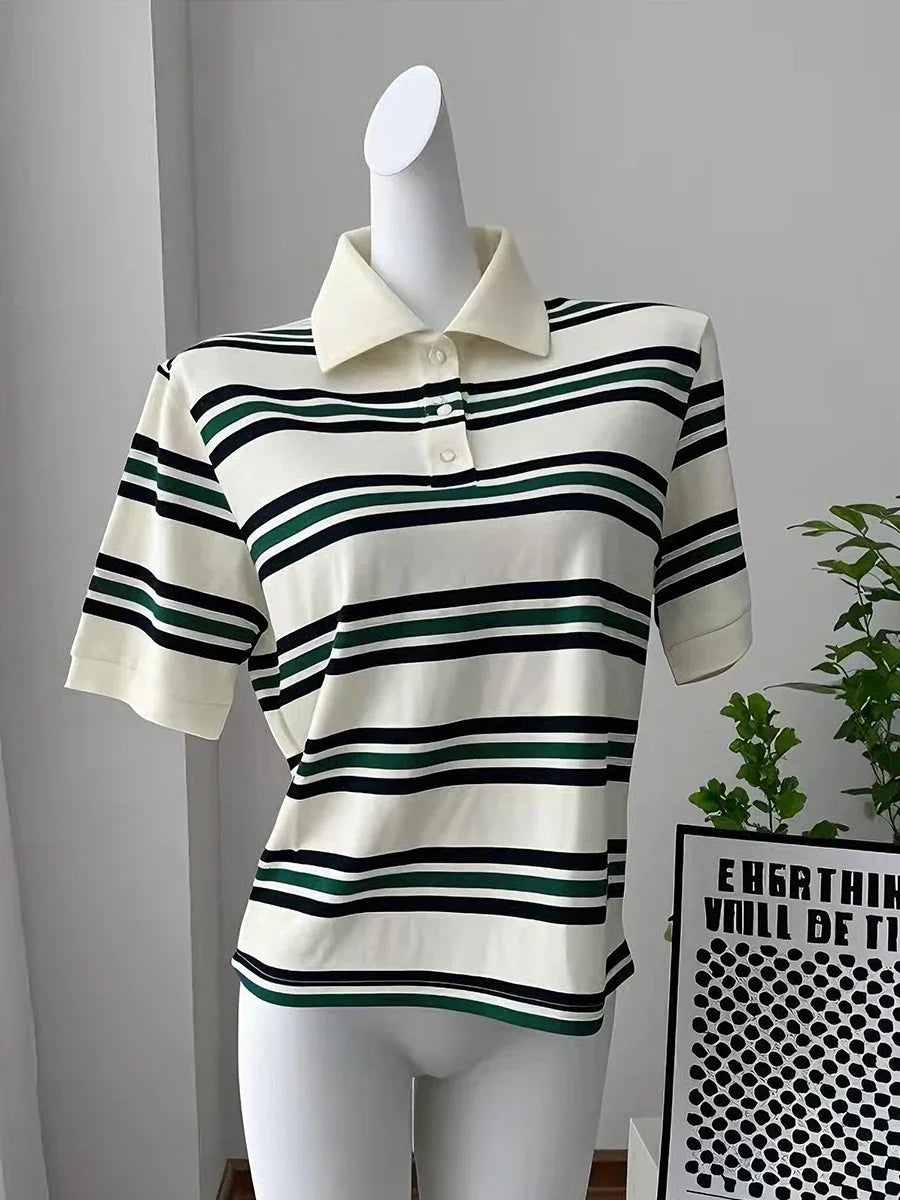 Hirsionsan Polo Neck T Shirt Women Soft Chic Tees 95% Cotton Jumper Clothes Loose Casual Pullover 2025 Summer New Crop Tops