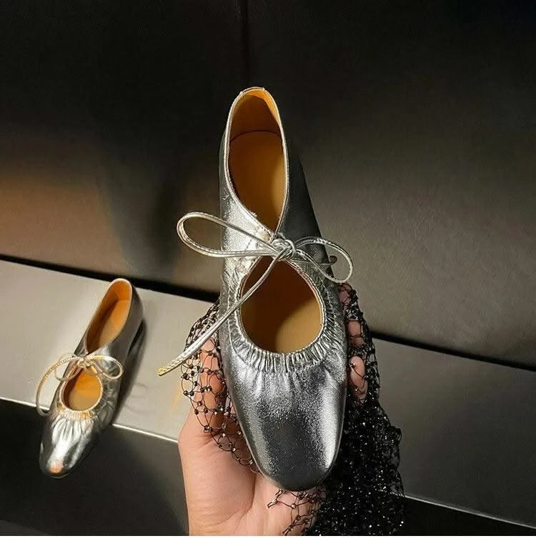 Women Ballet Leather Narrow Band Flat Shoes  Bling Silver,  Gold Footwear