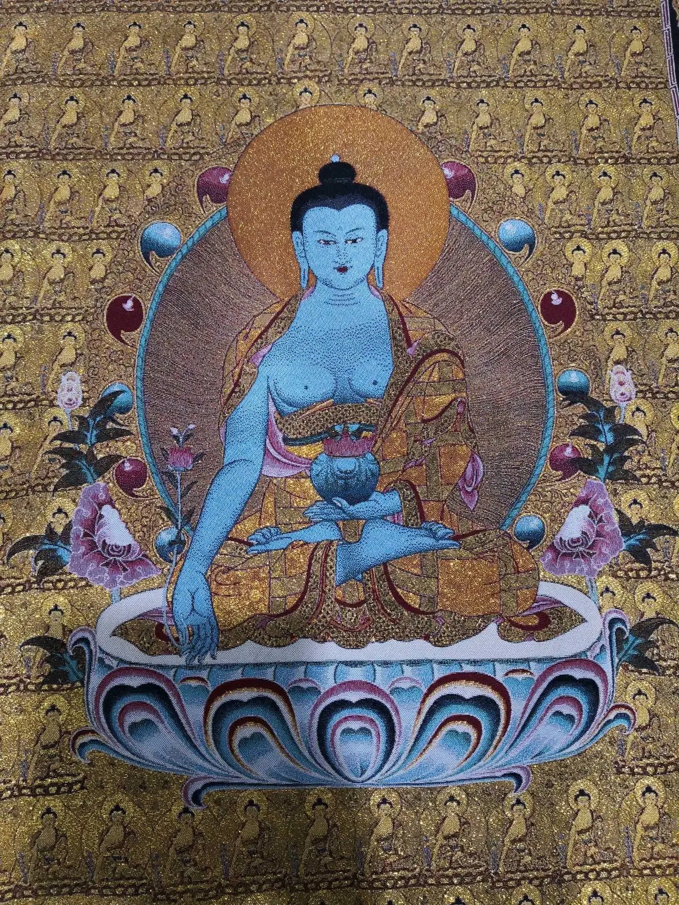 Tibetan Buddhism Medicine Buddha Portrait Chinese Tangka Embroidery Decoration Hanging Painting