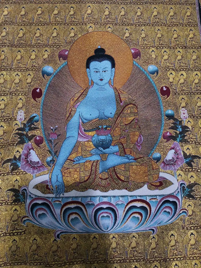 Tibetan Buddhism Medicine Buddha Portrait Chinese Tangka Embroidery Decoration Hanging Painting