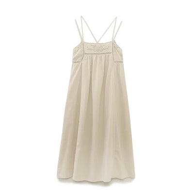 Women's Dresses New Summer 2025 Embroidered Decorative Midi Dress Sexy Suspenders Open Back Design Personality and fashion