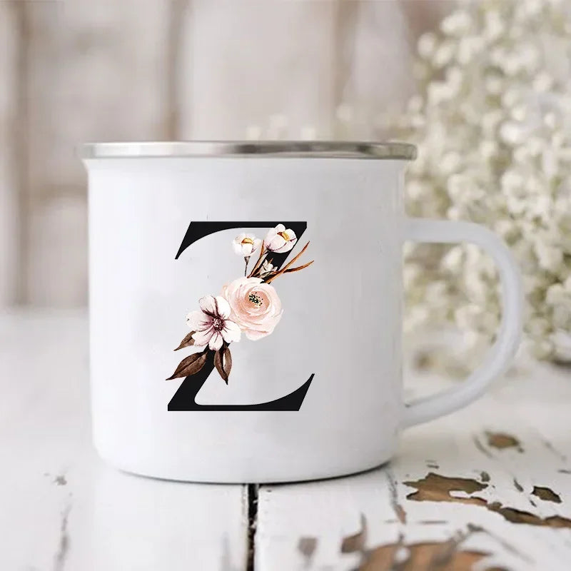 Initial Letter Print Mugs Enamel Creative Coffee Cups Drinks Wine Juice Milk Cup Vintage Home Office Handle Drinkware Best Gifts
