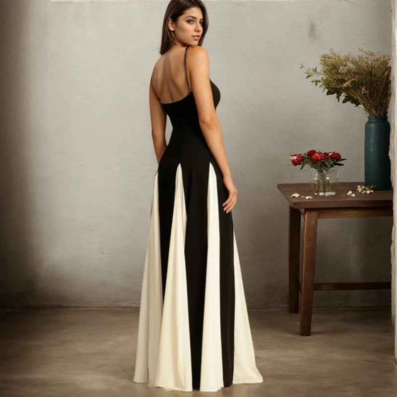 Sexy Sleeveless Women's Slip Dresses Elegant Contrast Color Spaghetti Straps Backless Long Dress Fashion Luxury Party Vestidos
