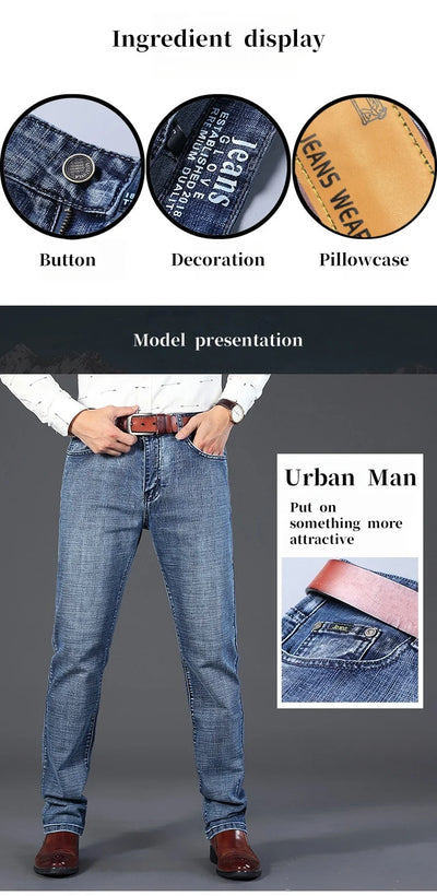 Mens Denim Pants Spring Casual Business Straight Fit Loose Elasticated Jeans Stylish Comfortable Pants for Work and Daily Wear
