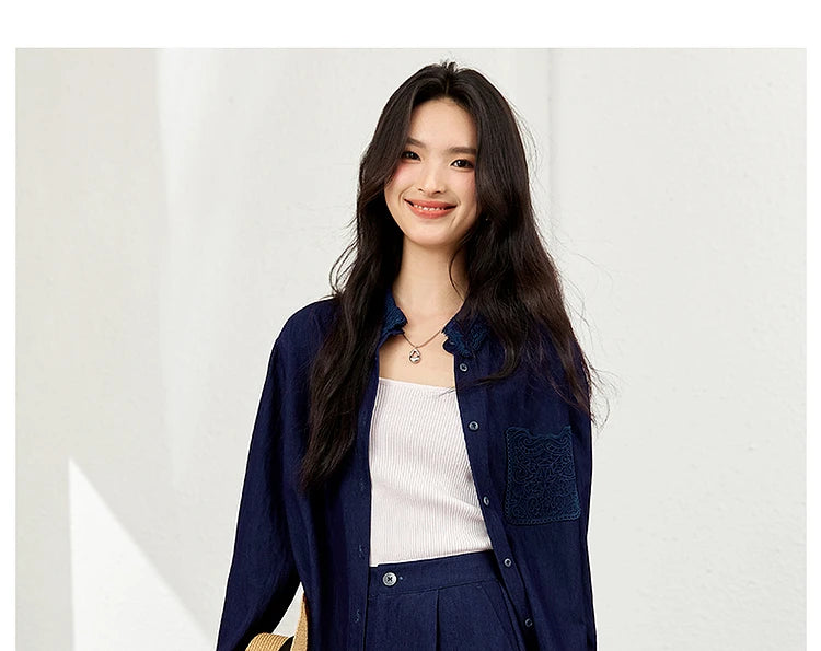 VIMLY Navy Blue Denim Suit Women's 2025 Autumn Outfits Vintage Lace Polo Collar Shirt Wide Legs Pants Ladies 2 Piece Sets A2526