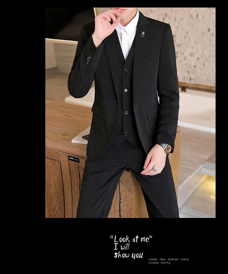 Suit (Blazer+ Vest + Trousers +) Men's Fashionable Business Solid color Gentleman's Wedding Workwear Casual Performance Suit