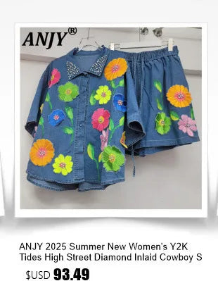 ANJY Autumn New Women Chic Two-Piece Set Studded Diamonds Streetwear Denim Shirt Drawstring Straight Elegant Casual Pants  A9654