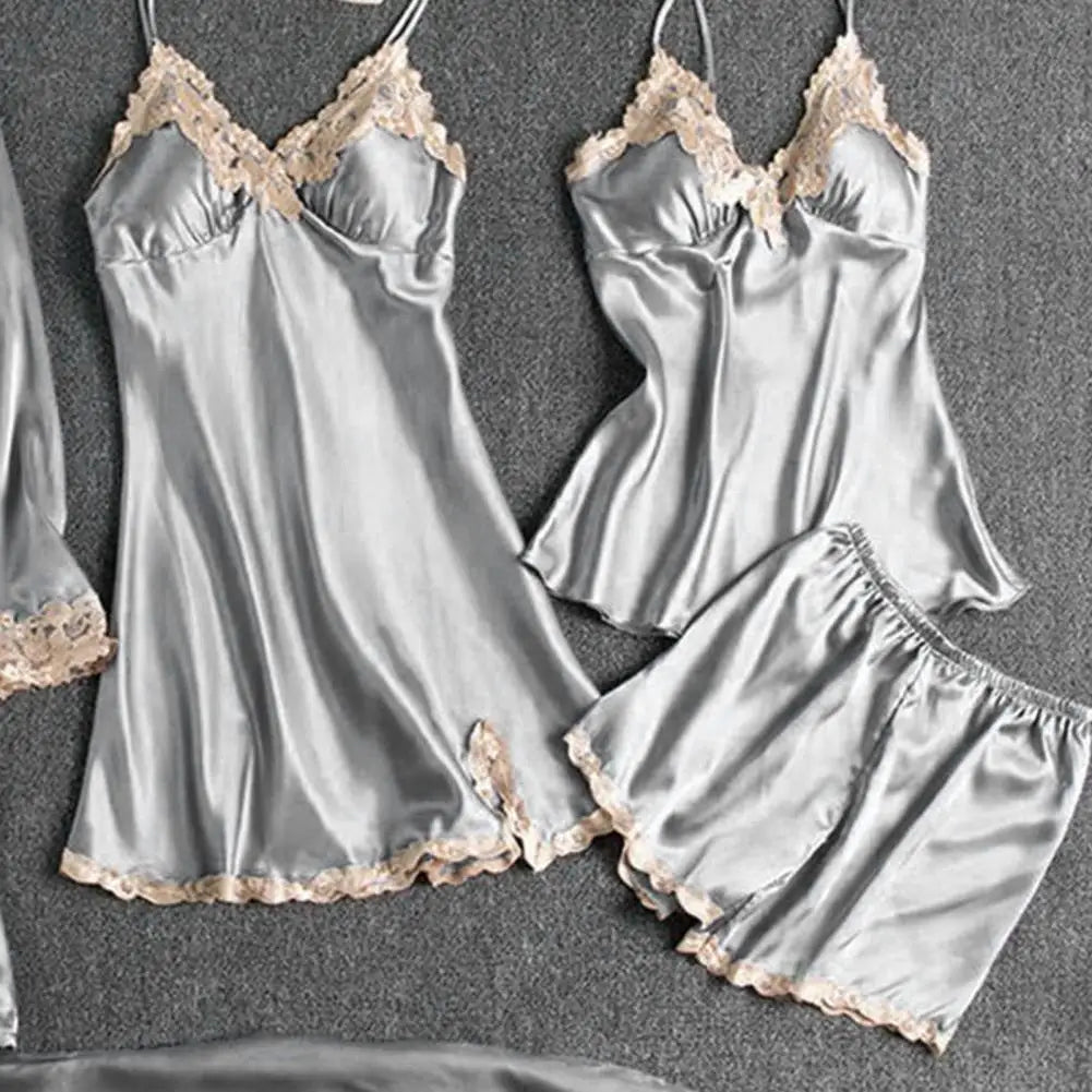 Women's Summer Sexy Pajama Pants Set 5 Pieces Nightgown Nightdress Top Shorts Pants Set Lace Satin Silk Sleepwear Robe Sleepwear