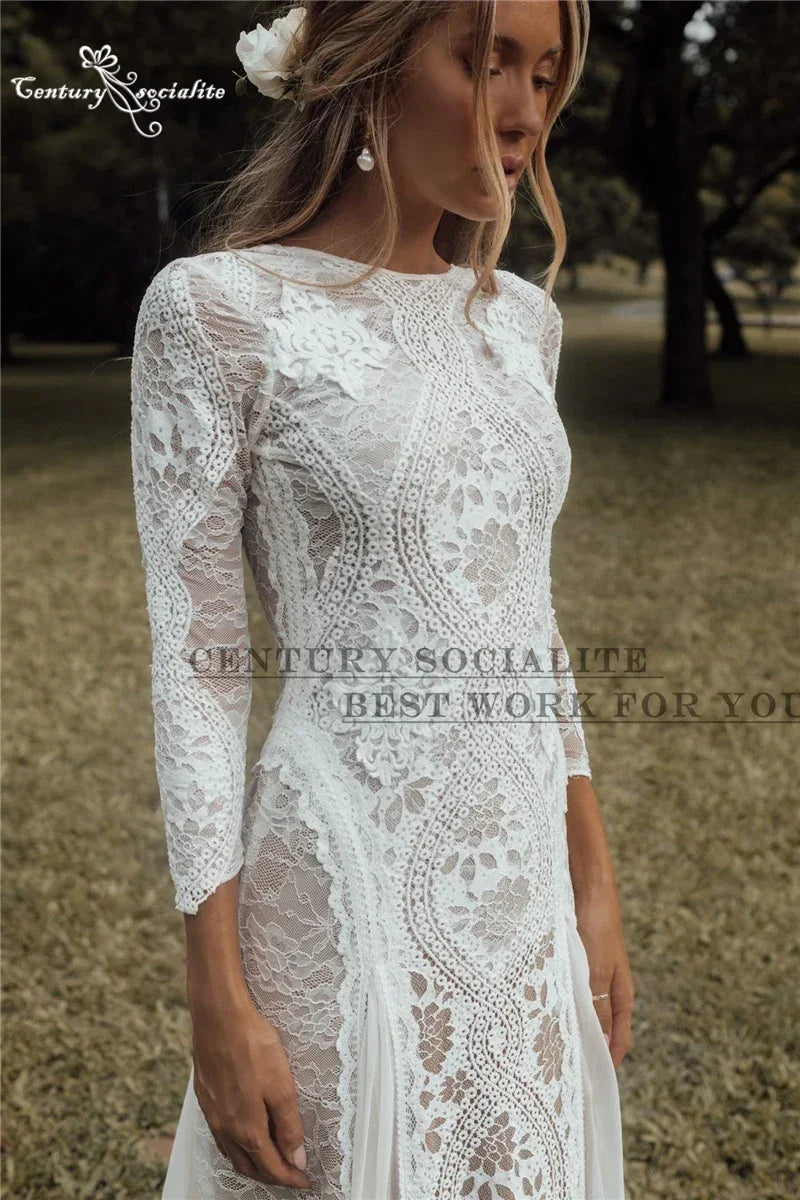 Boho Wedding Dresses 2025 Long Sleeve Backless Lace Appliques Chiffon Sheath Bohemian Bridal Gowns Beach Bride Dress Customized