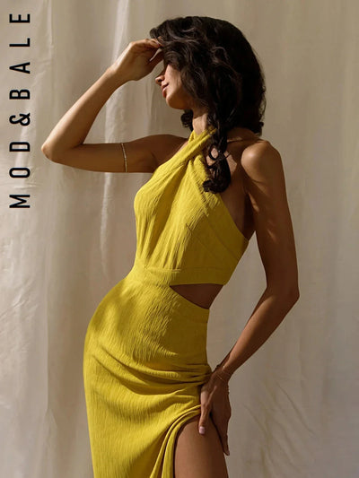 Designer Dresses 2025 New Summer Halter Neck Cutout Slim Fit Maxi Dress Backless Long Skinny High Slit Party Evening Dress
