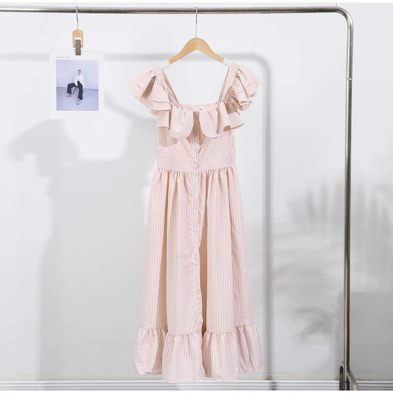 Ruffle Dress Women Fashion Backless A Line Slim Waist Striped Robe Female Flying Sleeves Buttons 2025 Summer Elegant Streetwear