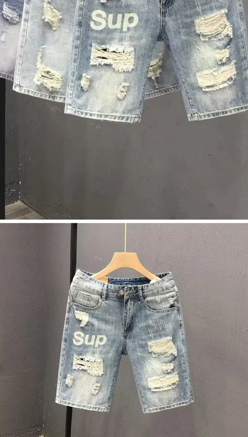 Fashion 2023 Summer Men's Blue Casual Solid Denim Jean Shorts with Ripped Holes Wash Designer Clothes Designer Men's Jeans