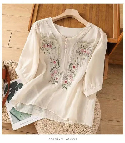Cotton and Linen V-neck Embroidered Shirt for Women, Summer Thin Style Loose Medium Sleeves Small Shirt Top