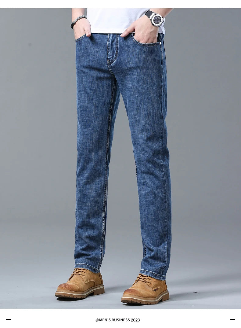 2024 Spring Summer New Men's Slim Thin Jeans Retro Light Blue Cotton Stretch Denim Pants Male Fashion Casual Brand Trousers