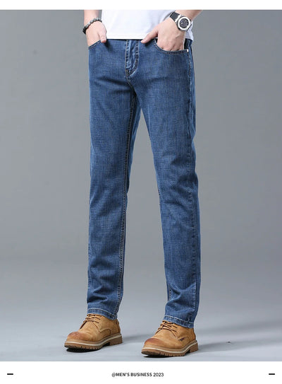 2024 Spring Summer New Men's Slim Thin Jeans Retro Light Blue Cotton Stretch Denim Pants Male Fashion Casual Brand Trousers
