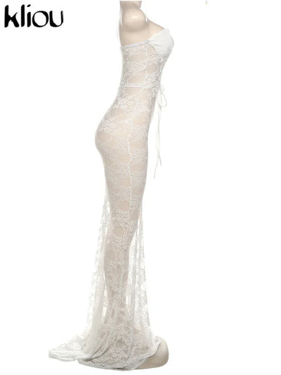 kliou Lace Patchwork Women Maxi Dress Sexy Coquette Drawstring Wrapped Chest Body-shaping Vestidos Female Stunning Clubwear Robe