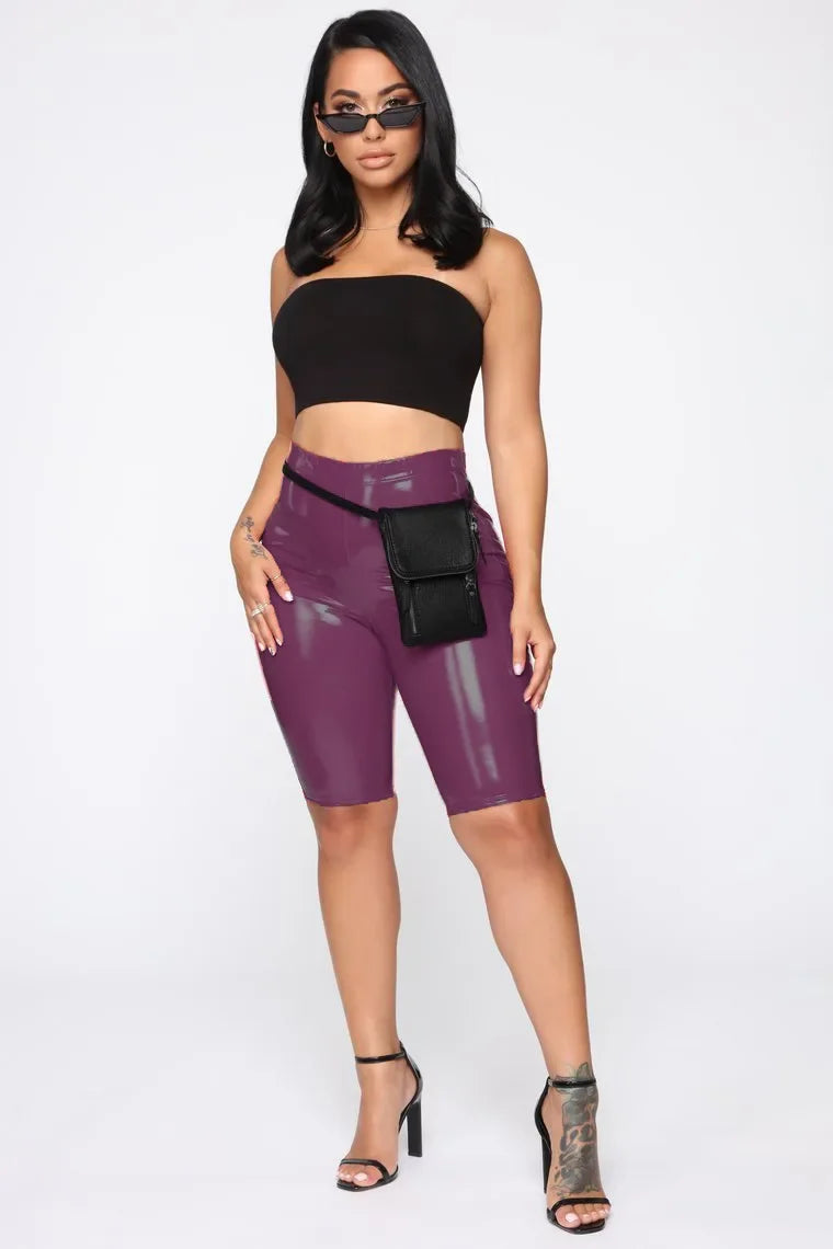 New Women's High Waisted PU Leather Skinny Black Shorts Sports Biker Shorts