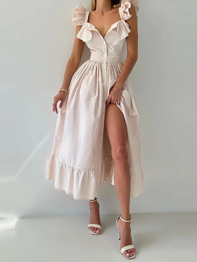 Ruffle Dress Women Fashion Backless A Line Slim Waist Striped Robe Female Flying Sleeves Buttons 2025 Summer Elegant Streetwear