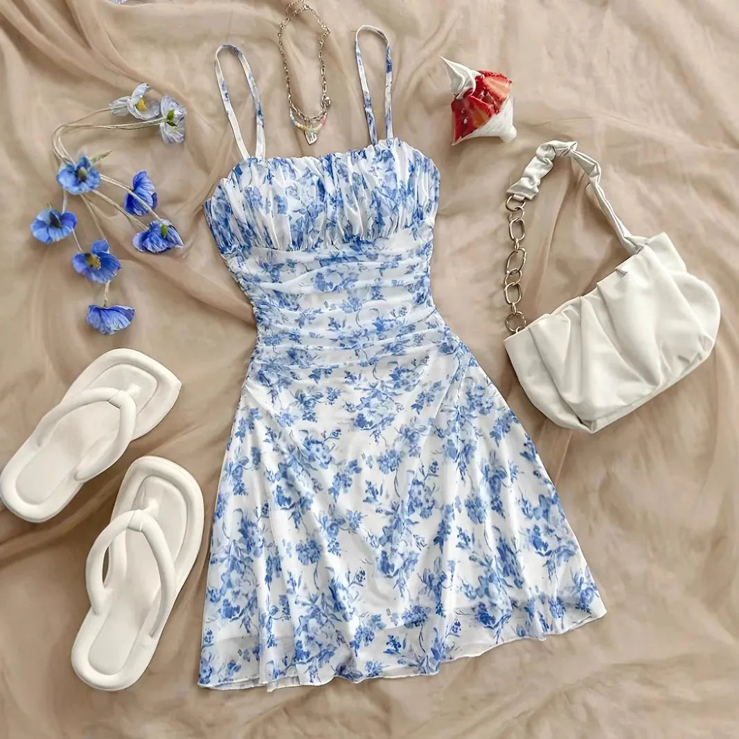 Women's Summer Elegant Floral Mini Dresses Fashion Fold High Waist Slim A-Line Dress Lady Sexy Backless Spaghetti Strap Sundress