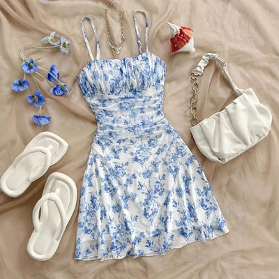 Women's Summer Elegant Floral Mini Dresses Fashion Fold High Waist Slim A-Line Dress Lady Sexy Backless Spaghetti Strap Sundress