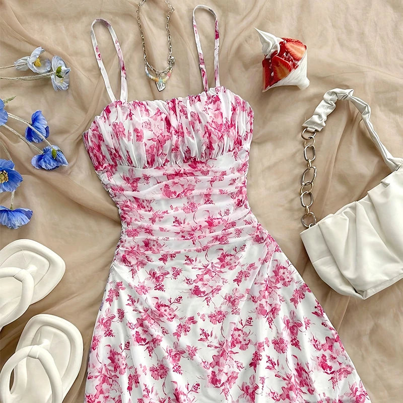 New French Floral Slip Dress for Women Spring Summer Sexy Temperament Backless Mini Dresses Vacation Style Sling Beach Skirt